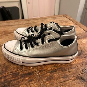 Converse By You Silver Leather Platform Low Top | Custom Metallic Chucks